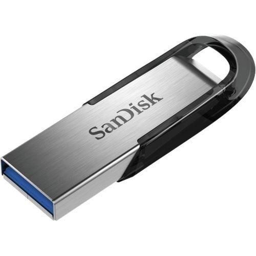 SanDisk metal USB flash drive with black plastic keyring loop and blue USB 3.0 connector