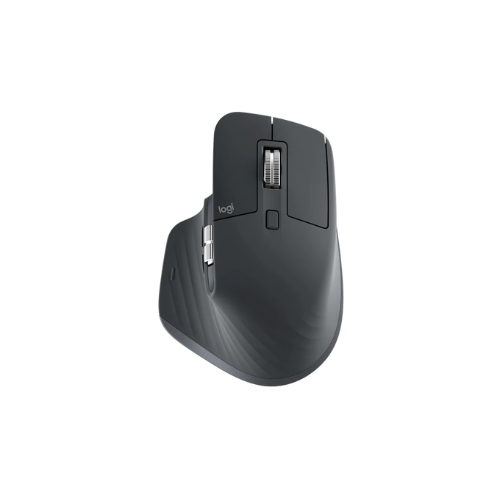 Ergonomic dark gray wireless Logitech computer mouse with scroll wheel and side buttons on white background