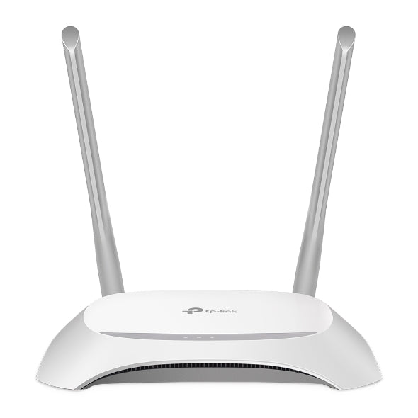 White TP-Link wireless router with two tall antennas on white background