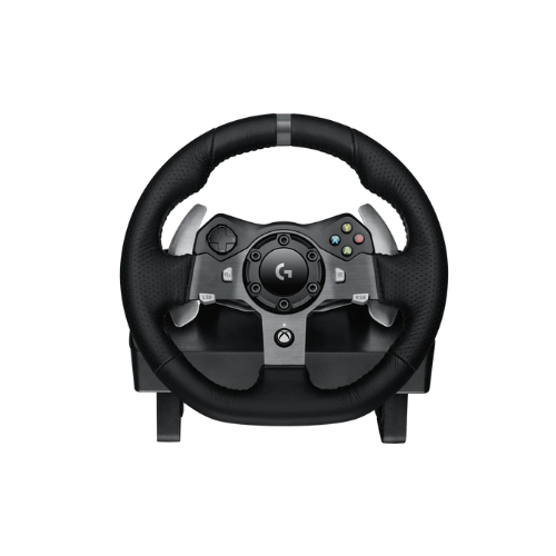 Logitech racing wheel controller with Xbox and PC buttons, black leather grip for sim racing