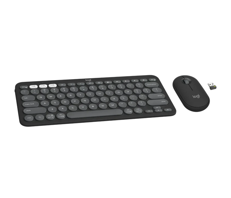 Graphite wireless keyboard and mouse combo with round keys and USB receiver