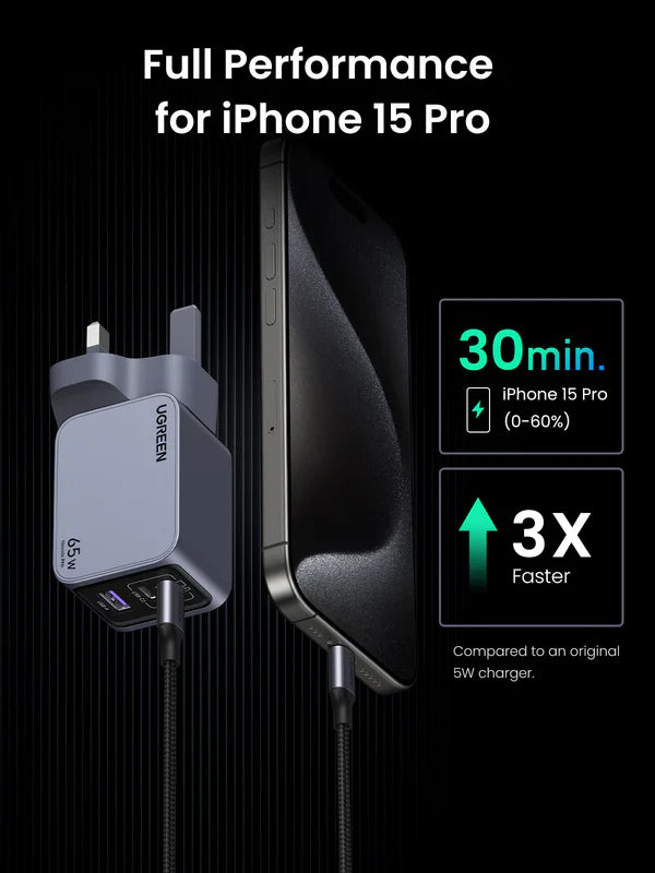 UGREEN Nexode Pro 65W GaN Fast Charger Set – 3-Port Wall Charger with Braided USB-C Cable (UK Plug)