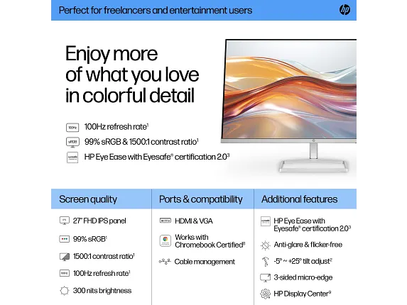 HP 527sf Series 5 27" FHD Monitor – Dual HDMI, VGA – Black or White