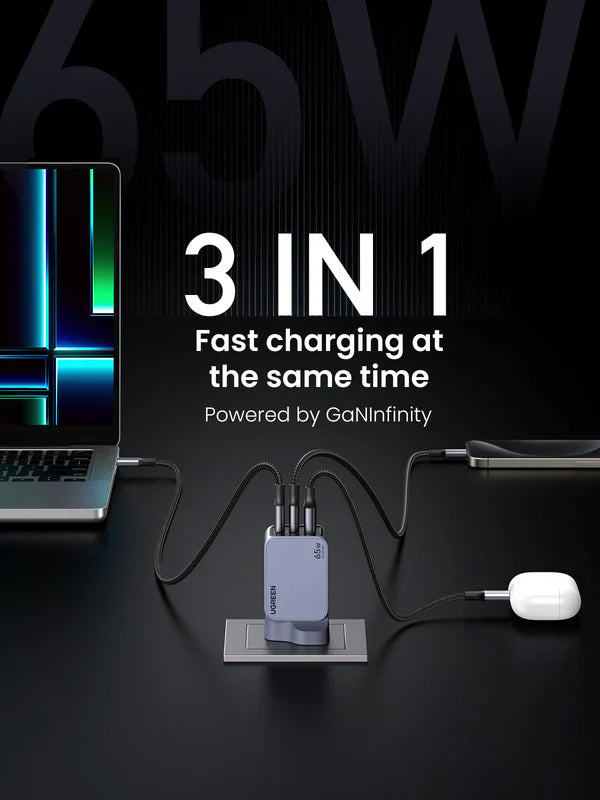 UGREEN Nexode Pro 65W GaN Fast Charger Set – 3-Port Wall Charger with Braided USB-C Cable (UK Plug)