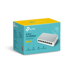 TP-Link 8-Port 10/100Mbps desktop switch TL-SF108D in blue and yellow packaging with network device image