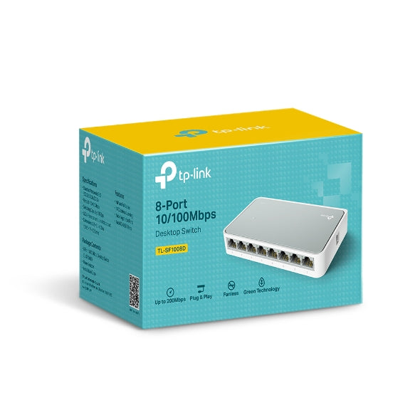 TP-Link 8-Port 10/100Mbps desktop switch TL-SF108D in blue and yellow packaging with network device image