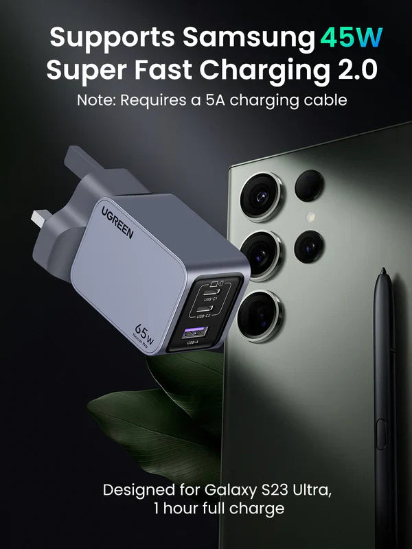UGREEN Nexode Pro 65W GaN Fast Charger Set – 3-Port Wall Charger with Braided USB-C Cable (UK Plug)