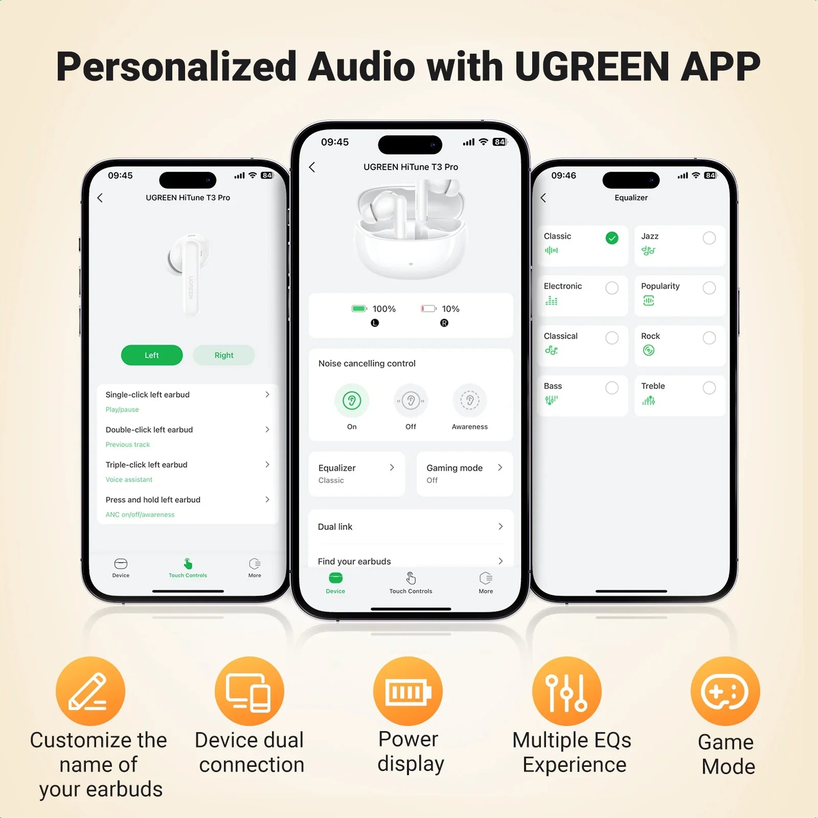 UGREEN HiTune T3 Pro Active Noise-Cancelling Wireless Earbuds (WS206)