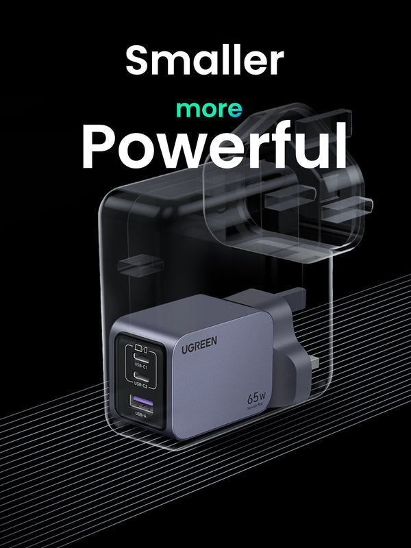 UGREEN Nexode Pro 65W GaN Fast Charger Set – 3-Port Wall Charger with Braided USB-C Cable (UK Plug)