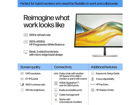 HP Series 5 Pro 527pq 27" QHD Monitor – 4-Way Adjustable, HDMI & DisplayPort, USB Hub