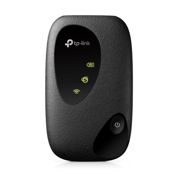 TP-Link portable 4G LTE WiFi router with power button and LED indicators, black compact design