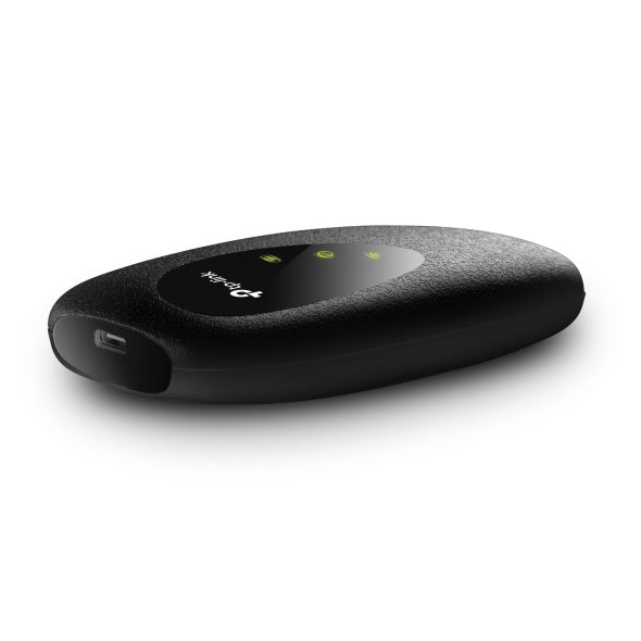 Black TP-Link portable WiFi hotspot device with textured surface and LED indicators