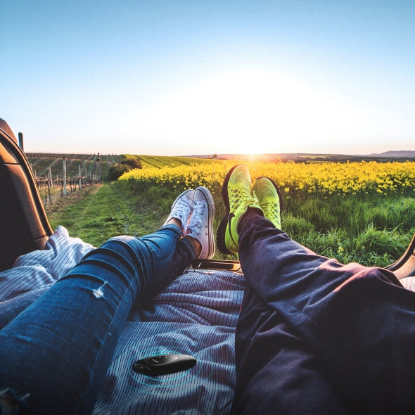 Two people relaxing in a car trunk with legs stretched out, overlooking a sunset and yellow flower field