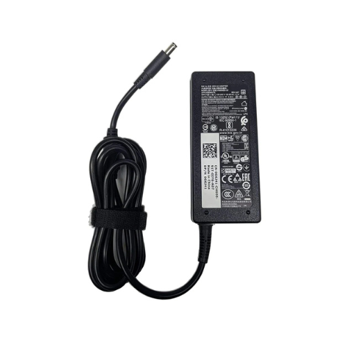 Black laptop power adapter charger with coiled cable and DC plug on white background
