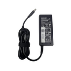Black laptop power adapter charger with coiled cable and DC plug on white background