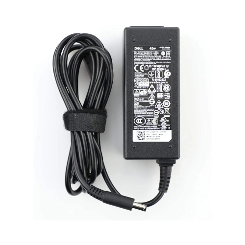 Dell 45W black laptop power adapter with wrapped cable and plugged-in connector