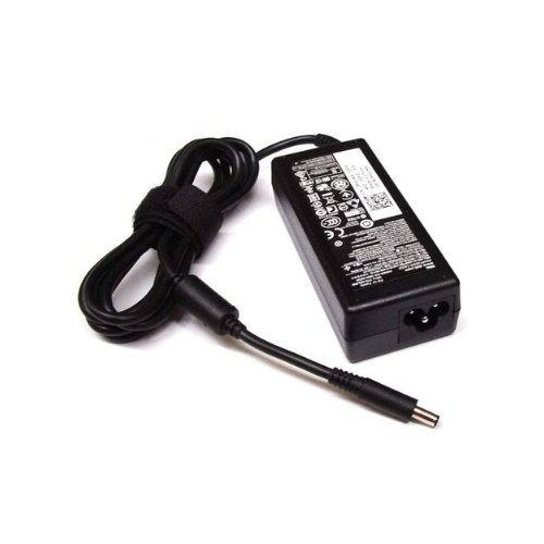 Black rectangular laptop charger adapter with cord and DC connector on white background
