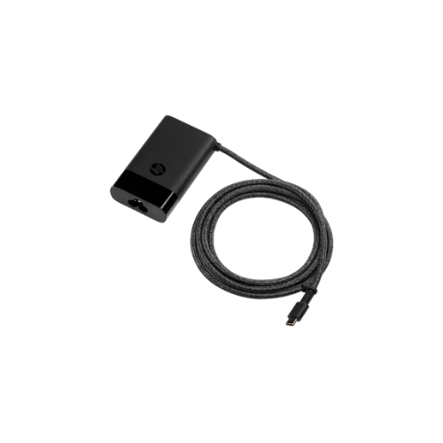 black HP laptop charger with braided cable and USB-C connector on white background