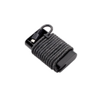 Black power adapter with neatly wrapped gray braided USB-C charging cable on white background