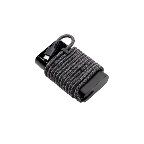 Black power adapter with neatly wrapped gray braided USB-C charging cable on white background