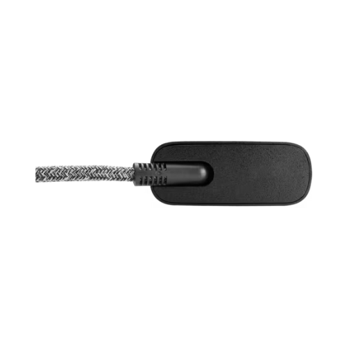 Black rectangular electronic cable connector with braided gray and white cord on white background