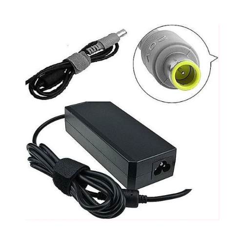 Black laptop power adapter charger with yellow tip connector and attached power cables