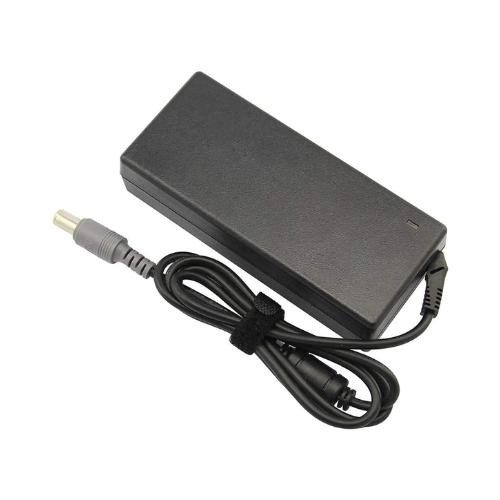 Black rectangular laptop power adapter with attached DC cable and connector plug