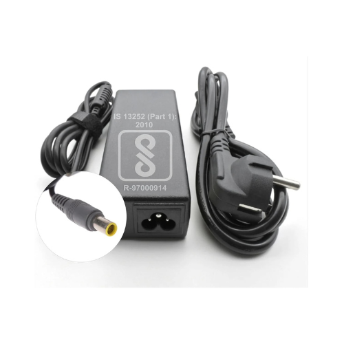 Black power adapter with input cable and close-up of yellow-tipped DC connector on white background