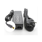 Black power adapter with input cable and close-up of yellow-tipped DC connector on white background