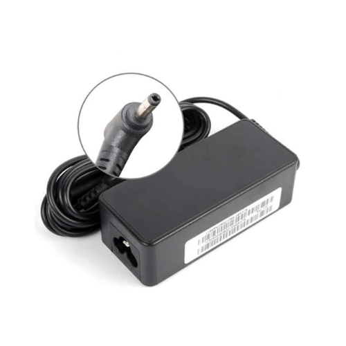 Black rectangular laptop charger power adapter with cord and barrel connector plug