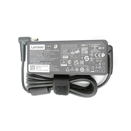 Lenovo 65W laptop charger adapter with coiled cable and safety certification labels