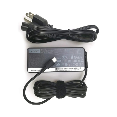 Lenovo 65W USB-C laptop charger with power brick and detachable black AC power cord