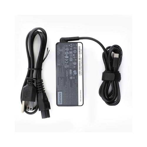 Lenovo laptop charger with power cord and USB-C cable on white background