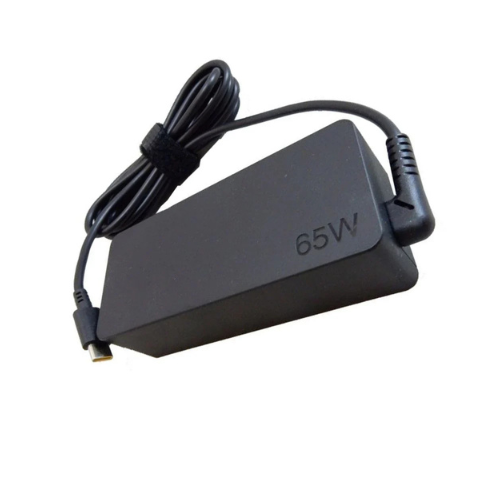Black 65W laptop charger adapter with USB-C connector and coiled power cable