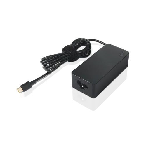 Black USB-C laptop charger with rectangular power brick and coiled cable on white background