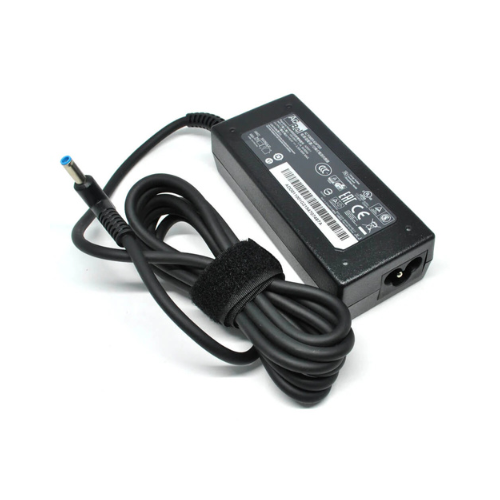 black laptop power adapter with coiled cable and blue tip connector on white background