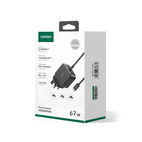 UGREEN 67W USB-C GaN Charger X377 – UK/US/EU Interchangeable Plugs + DC Barrel Connectors | Universal Laptop Charger