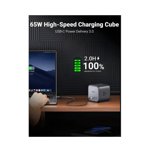 UGREEN DigiNest Cube Power Strip CD268 – 3 AC Outlets + 65W USB-C + 2× USB-A + 1.8m Cable | Clean Desk Setup