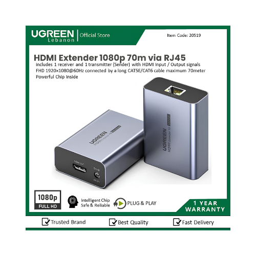 UGREEN HDMI Extender 70m CM455 – Full HD Over Cat6 Cable | For Boardrooms, Classrooms & Long-Distance AV