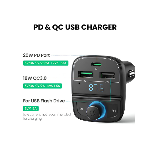 UGREEN Bluetooth Car Charger CD229 – BT 5.0 + QC3.0 + PD + USB Drive + TF Card | Music & Fast Charging in One