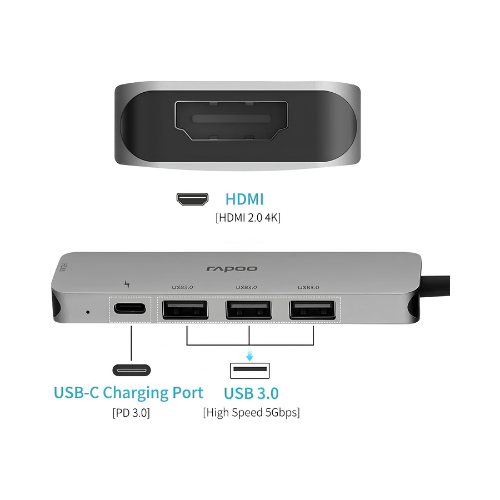 Rapoo XD100C USB-C 5-in-1 Hub – 4K HDMI + 3× USB 3.0 + USB-C PD | Budget Laptop Hub Kenya