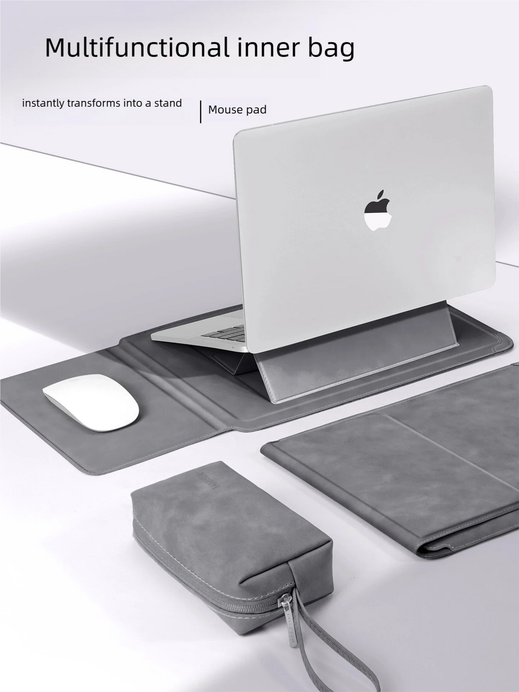 Portable Laptop Sleeve with Built-in Stand & Mouse Pad – Minimal Desk Setup Essential