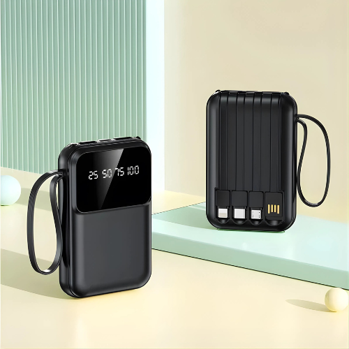 Mini Power Bank with 4 Built-In Cables — 20W Fast Charge, Digital Display | Compatible with iPhone, Samsung, Huawei & Xiaomi