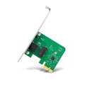 Green PCIe network interface card with metal bracket and gold connector pins isolated on white