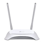 White TP-Link wireless router with two external antennas and LED indicators