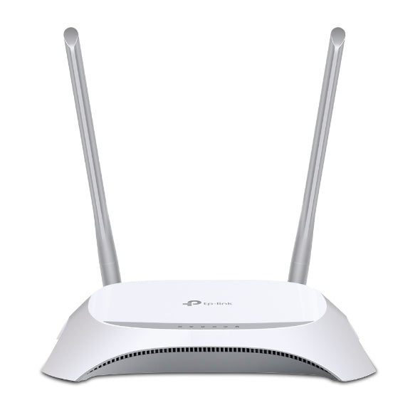 White TP-Link wireless router with two external antennas and LED indicators