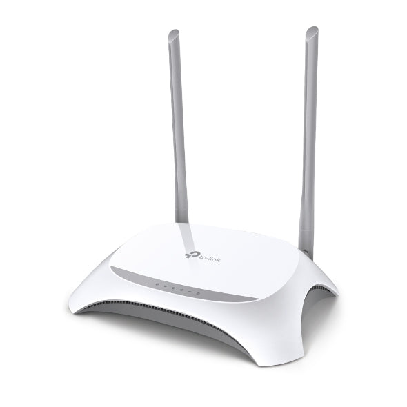 White TP-Link wireless router with two antennas on a white background