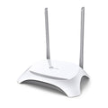 White TP-Link wireless router with two antennas on a white background