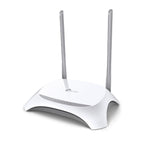 White TP-Link wireless router with two antennas on a white background