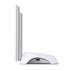 White wireless router with two tall external antennas on a white background